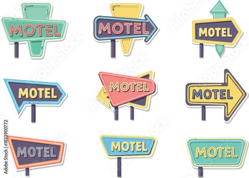 Retro Motel Directional Signs Vintage Travel and Roadside Lodging Icons