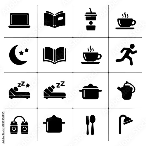 A comprehensive set of black glyph icons illustrating daily routines and lifestyle activities, including work, rest, eating, and personal care