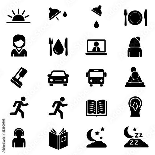 Essential vector icons for daily routines and modern lifestyle, including morning, meals, travel, work, education, personal care, and evening relaxation activities
