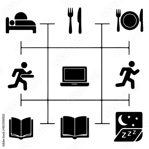 Daily Life Balance Concept with Icons Sleep, Work, Food, Reading and Health