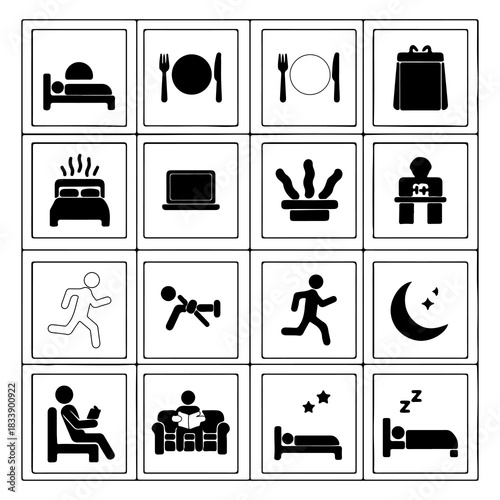 Vector icon set depicting a daily schedule and lifestyle activities like eating, sleeping, working on a laptop, and exercising for a healthy life