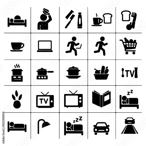 Collection of daily routine icons sleeping, working, eating, watching TV, and shopping illustrations