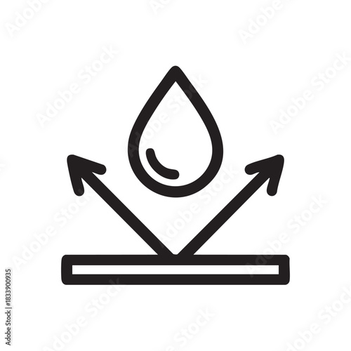 A simple black and white icon depicting water repellency with a droplet and arrows high quality