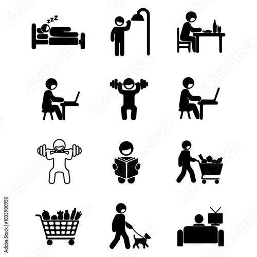 Pictogram set illustrating the daily routine and lifestyle of a person through various activities like working, fitness, and leisure