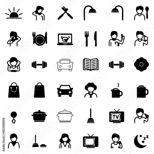 A comprehensive set of solid glyph icons illustrating a person's daily routine, from morning activities like waking up and eating to evening tasks like watching TV and sleeping