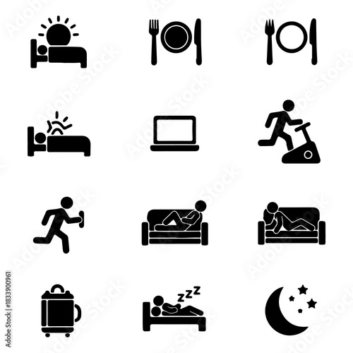 Collection of simple icons representing daily activities waking up, dining, working on a laptop, exercising, relaxing on a sofa, traveling, and sleeping under the night sky