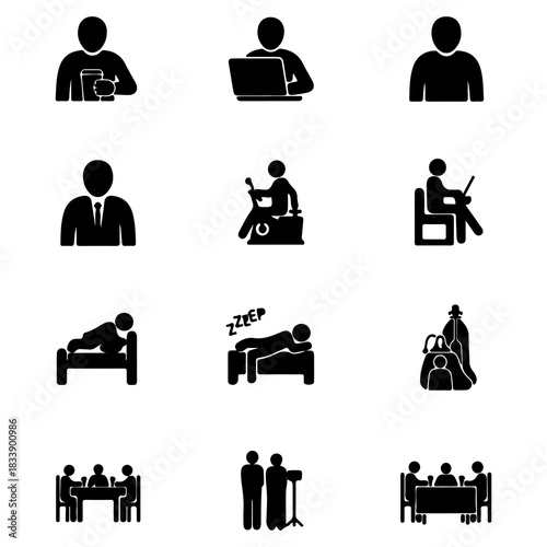 Collection of vector pictograms showing a person's daily life schedule, including working on a laptop, sleeping, and attending business meetings