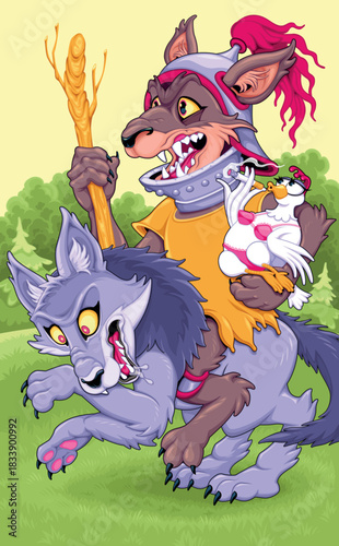 Horror cartoon version of the Knight of Wands. Vector illustration.
