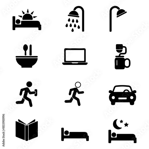 Flat glyph icons depicting a typical daily schedule, from morning wake-up and coffee to evening reading and sleep
