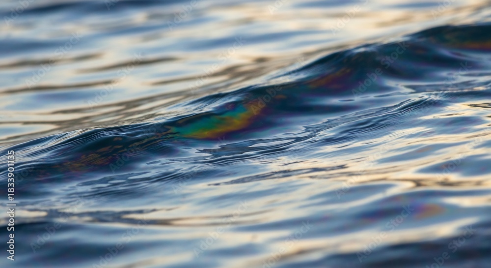Naklejka premium Closeup of dark blue water with ripples iridescent rainbow oil sheen and reflections of light