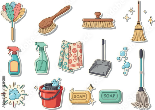 Collection of Cleaning Supplies Stickers for Home Care