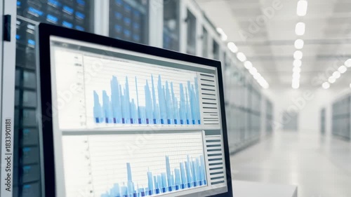 Two monitors displaying data analytics in a modern server room with rows of servers.