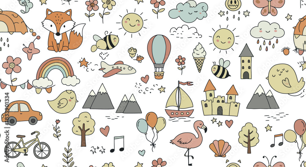 Fototapeta premium Whimsical hand drawn rainbows and clouds illustration for children s designs