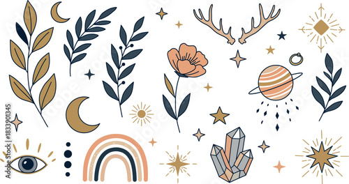 Whimsical hand drawn forest pattern with charming woodland creatures and plants