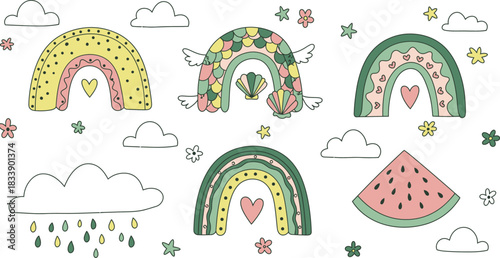 Whimsical hand drawn rainbows and clouds with floral accents for childrens decor