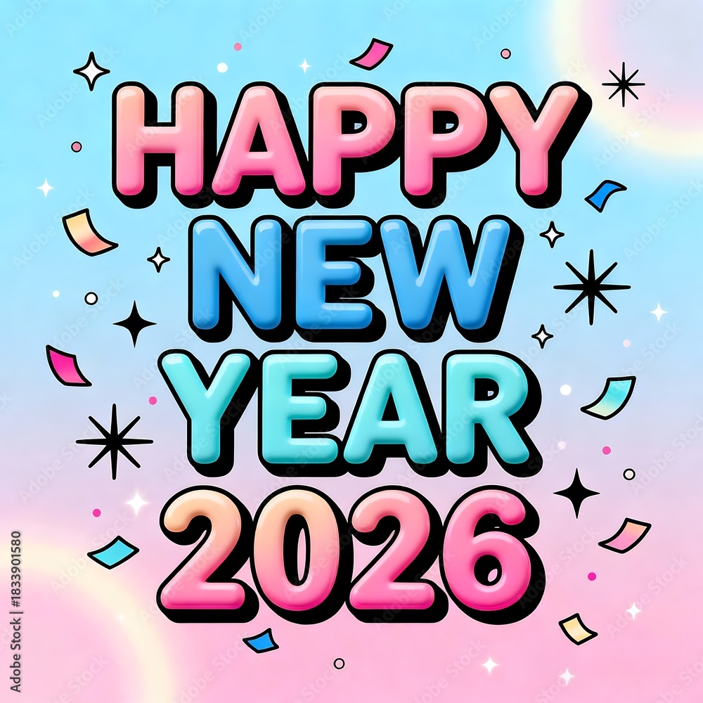 Fototapeta premium Happy new year 2026 colorful bubble letter greeting card