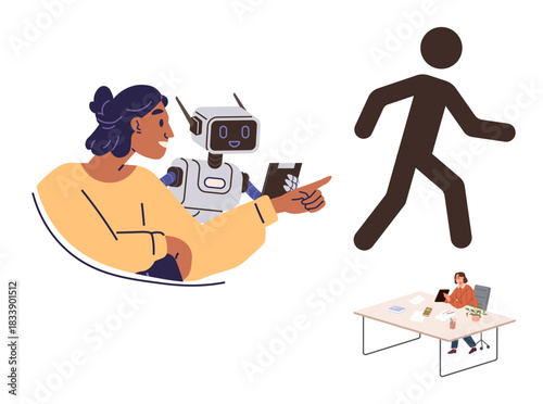 Woman interacting with humanoid robot, gesturing towards a moving figure. Small figure working at desk in bottom corner. Ideal for teamwork, AI integration, technology, human-machine synergy