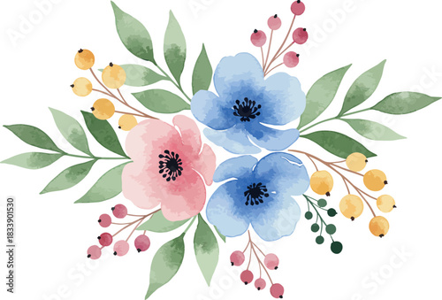 Soft watercolor floral arrangement with pink and blue flowers and green leaves
