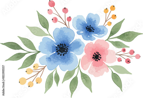 Delicate watercolor floral arrangement with blue and pink flowers and green leaves