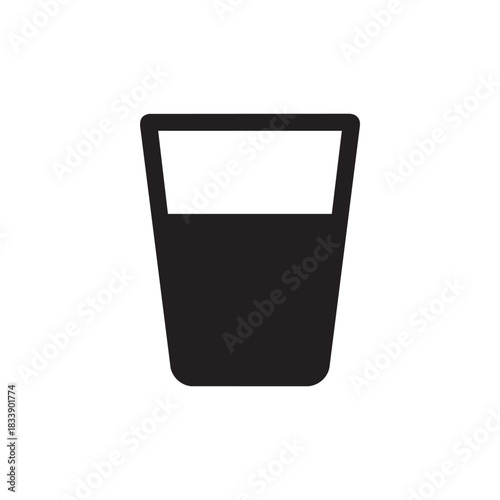 A simple black and white icon depicting a glass possibly for water or another beverage shown in a flat design
