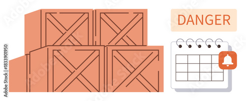 Wooden crates stacked in storage with a Danger warning and a calendar reminder featuring an alert icon. Ideal for logistics, safety, scheduling, inventory, shipping, organization, simple flat