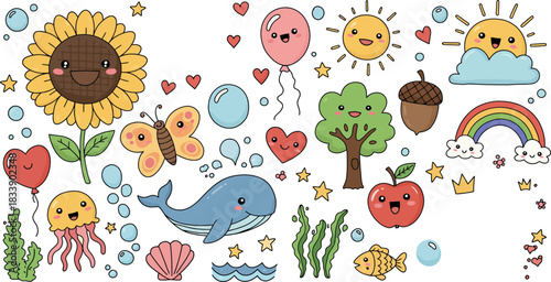 Whimsical collection of cute cartoon characters and nature elements