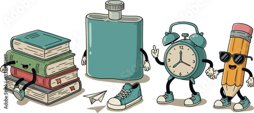 Anthropomorphic school supplies including books a flask a clock and a pencil stand together