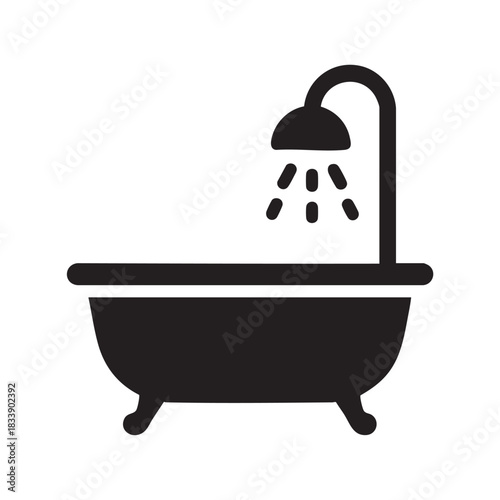 a simple black and white icon depicting a bathtub with a showerhead above it clean design