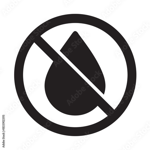 A black and white illustration depicts a circular prohibition sign featuring a water droplet with a diagonal line