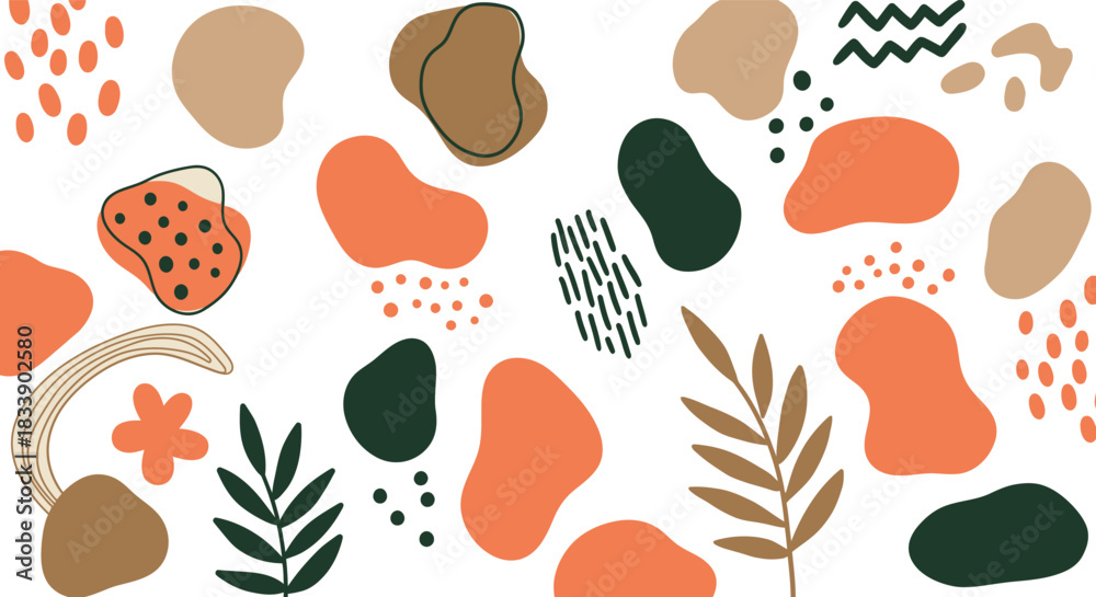 Fototapeta premium Abstract organic shapes and botanical elements in warm earth tones and orange