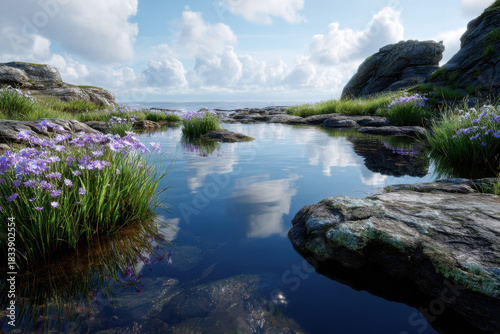 Tranquil pool surrounded by wildflowers and rocky formations near the coast during the afternoon