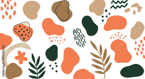 Abstract organic shapes and botanical elements in warm earth tones and orange