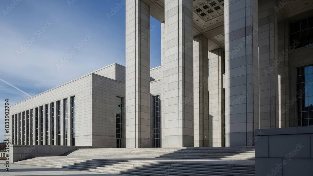 Naklejka premium Modernist architectural building with tall columns and staircase in urban setting