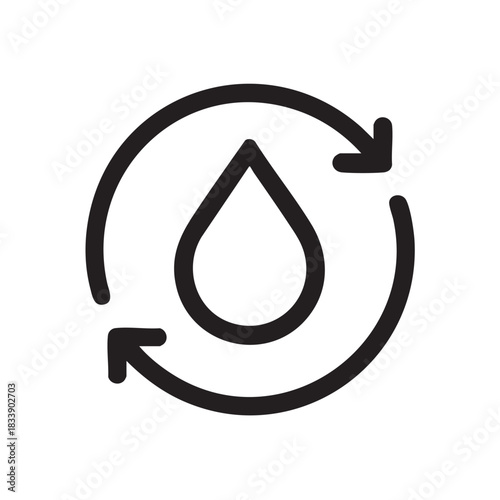 A simple black and white circular icon depicting a water droplet within a recycling symbol demonstrating sustainability