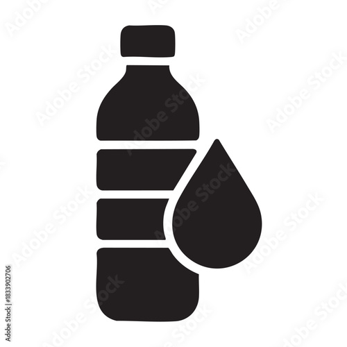 A simple black silhouette depicts a water bottle with a single droplet falling from its side