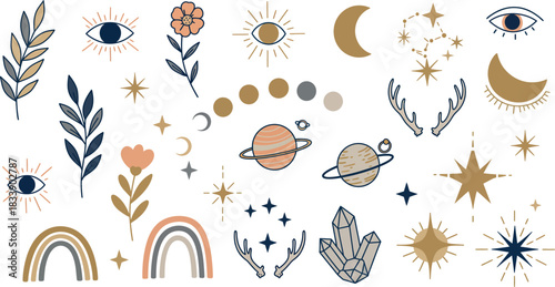 Bohemian celestial elements collection with planets rainbows stars and flowers