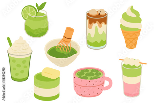 Matcha drinks set. Cute green tea illustrations including matcha latte, bubble tea, ice cream, desserts, smoothies and traditional whisk.Trendy vector collection for cafe branding, menu and packaging