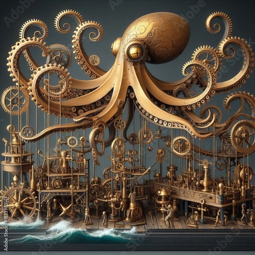 A detailed threedimensional steampunk octopus with brass tentacl
