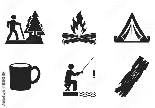 Isolated illustration of a fishing, tent, bonfire, hiking in the hilly forest, used wooden planks, and other for adventure wild outdoor image silhouette and icon.
