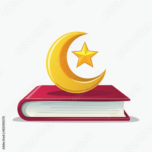 Islamic Book with Crescent Moon and Star Symbol.