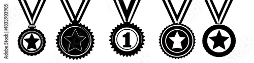 collection of black and white award medals with various star and number one designs