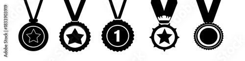 collection of stylized black and red medals with star and number one designs