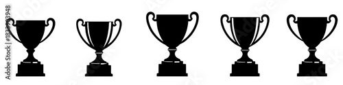 five black trophy silhouettes lined up against a clean, white backdrop. Each trophy has a unique shape and base, symbolizing different levels of achievement and success in various competitions.