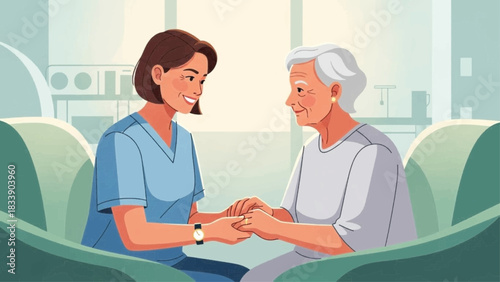 Caring nurse holds the hands of an elderly patient with a smile