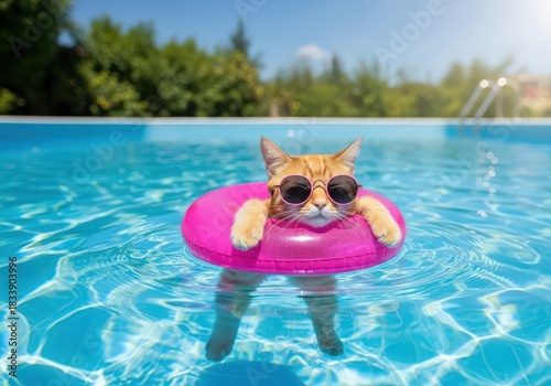 Ginger cat in sunglasses relaxing on an inflatable ring in a pool
