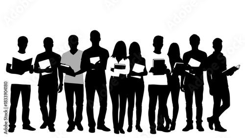 Silhouettes of a diverse group of students or young adults standing together, many holding books, against a white background.