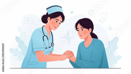 Nurse comforting a worried patient with a gentle hand hold