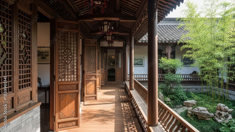 Naklejka premium Traditional chinese courtyard with wooden architecture and lush garden