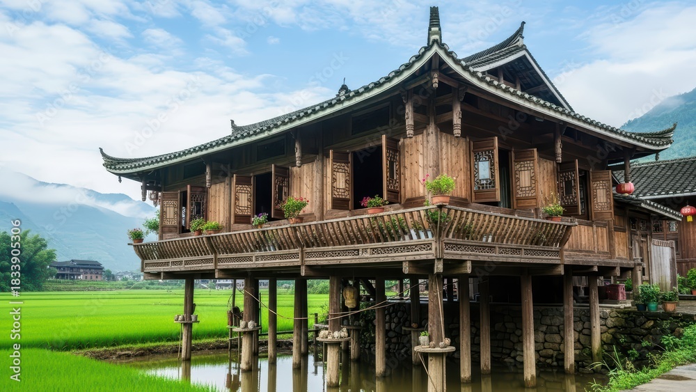 Fototapeta premium Traditional asian stilt house in lush green rice field landscape