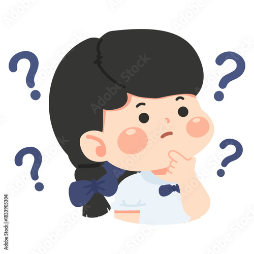 Illustration of Girl Thinking with Question Marks